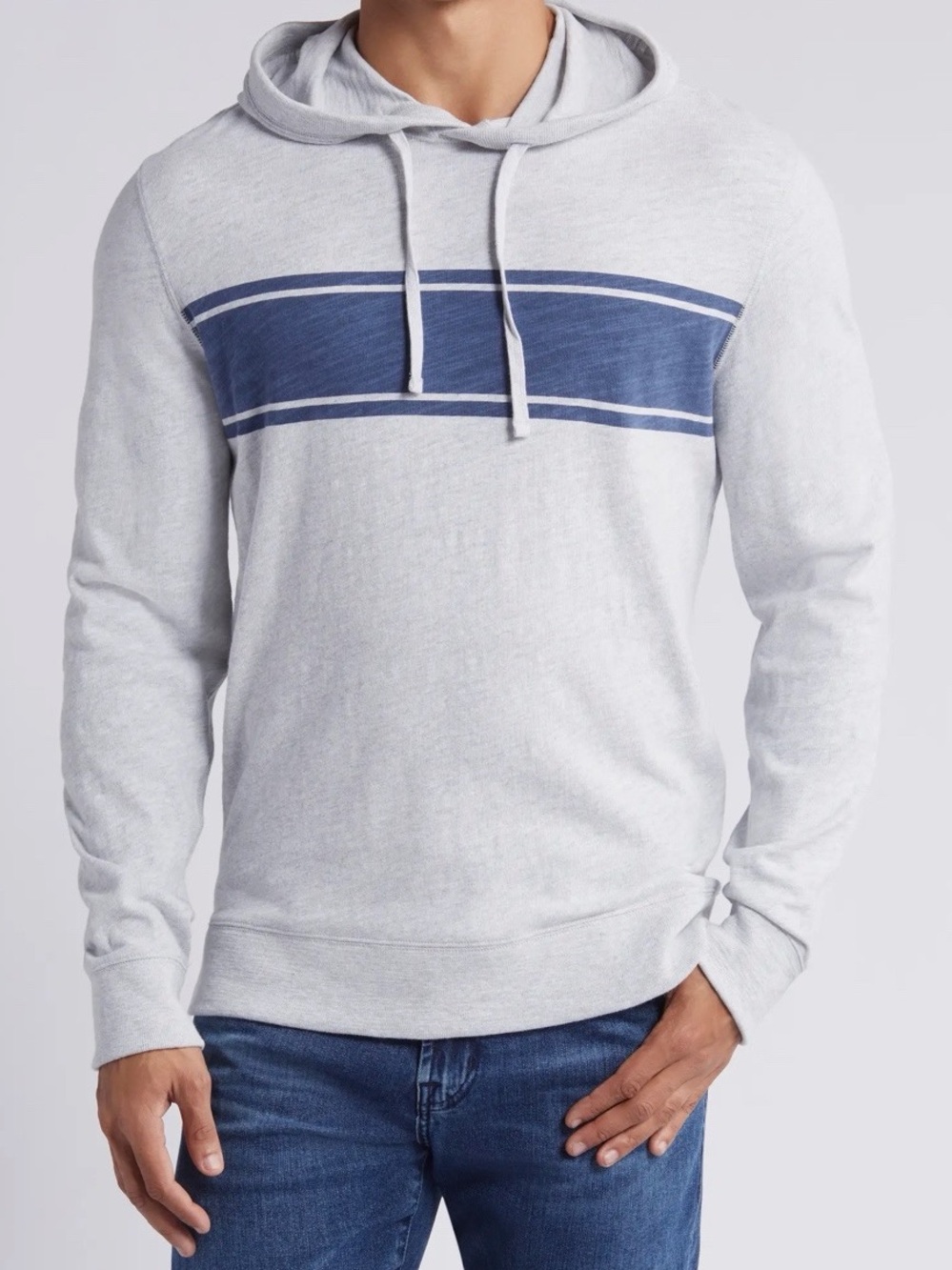 Faherty Light Gray Sunwashed Slub Hoodie with Navy Chest Stripe S